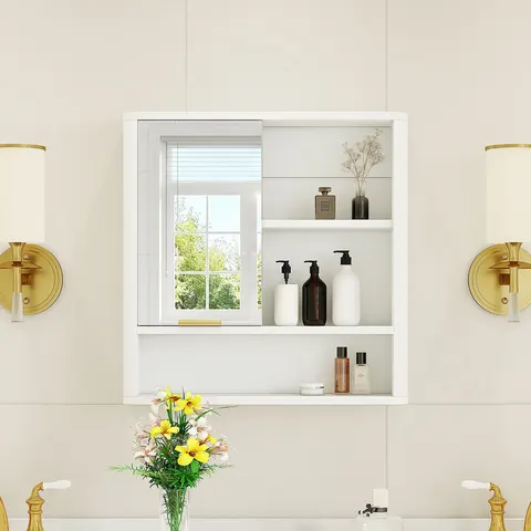 Mirror Cabinet with Open Shelves & Gold Accent - White