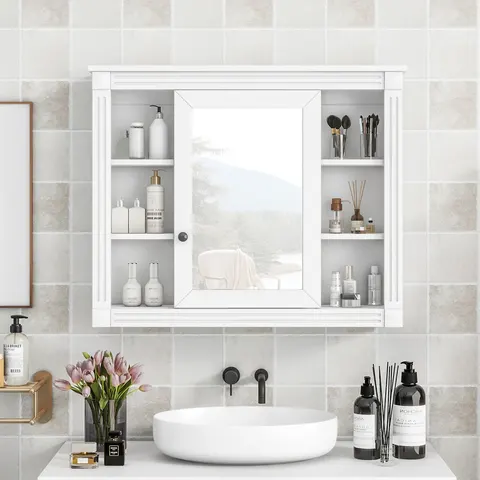 Mirror Cabinet with Six Open Shelves - White