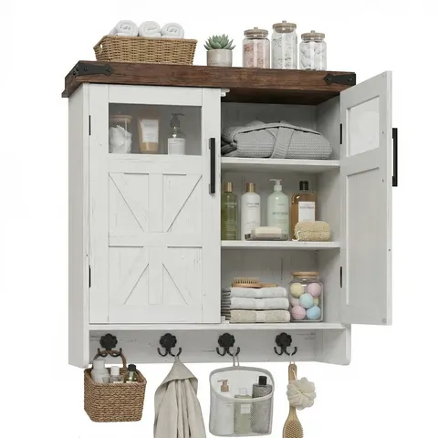 Wall Cabinet with Adjustable Shelves & Hooks - Brown+White